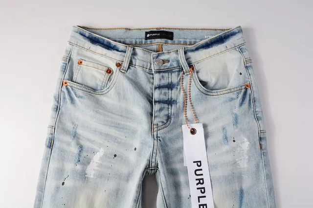 Jeans slim-fit distressed com salpicância de tinta da marca Purple Brand 13