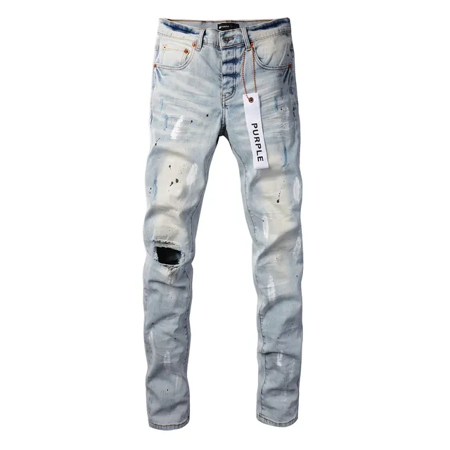 Jeans slim-fit distressed com salpicância de tinta da marca Purple Brand 15