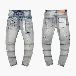Purple Brand Distressed Paint-Splattered Light-Wash Slim-Fit Jeans