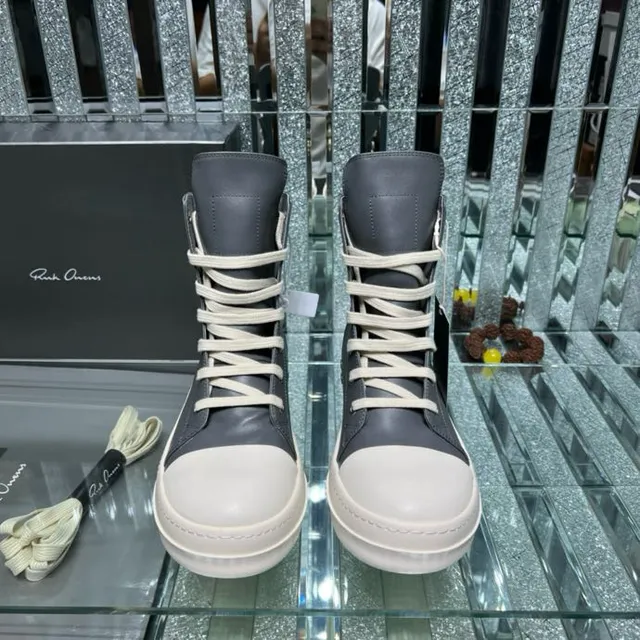Rick Owens DRKSHDW Geobasket ধূসর এবং অফ-হোয়াইট এনকেল বুট 6