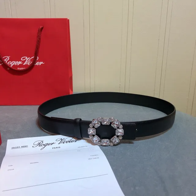 Roger Vivier 水晶镶嵌椭圆扣带黑色银色光滑皮革带 4