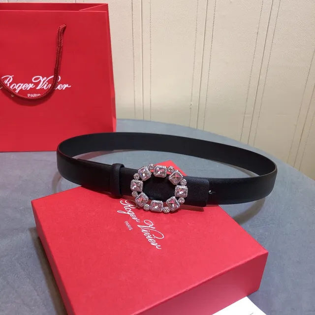 Roger Vivier 水晶镶嵌椭圆扣带黑色银色光滑皮革带 5