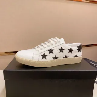 Saint Laurent Kate Sneaker सफेद काला चमड़े का चमकदार तारा छेद जीवनशैली स्नीकर