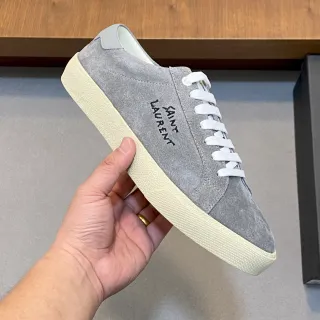 Saint Laurent ग्रे स्यूड इम्ब्रोइडेड लॉगो लाइफस्टाइल स्नीकर