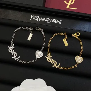 Saint Laurent मोनोग्राम हार्ट चाँदी सोना Pavé-Set क्रिस्टल इंटरलॉकिंग YSL कंगन