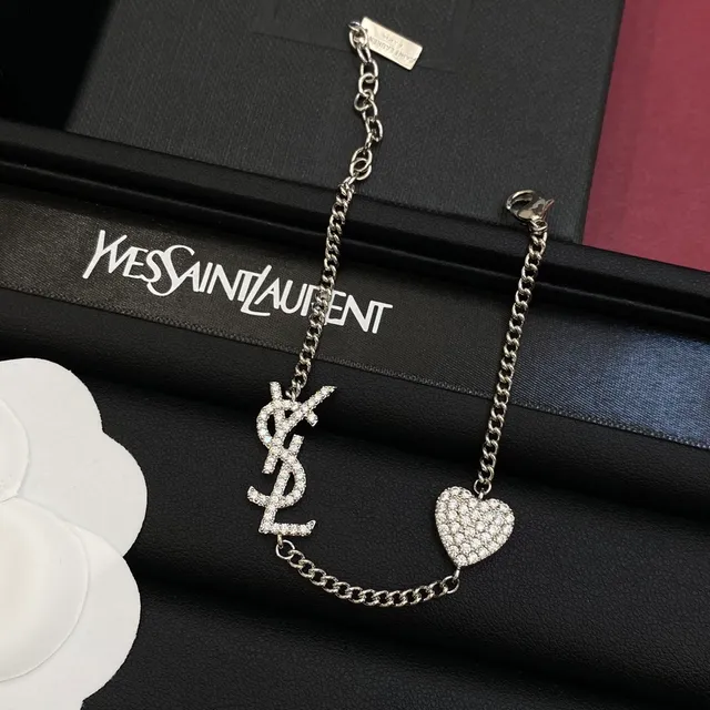 Saint Laurent Monogram Heart Silver Gold Pavé-Set Crystal Interlocking YSL Bracelet 2