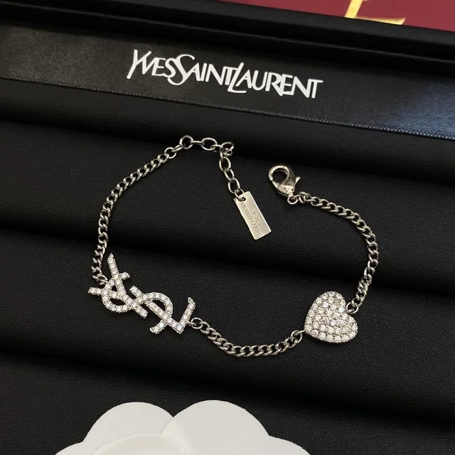 Saint Laurent Monogram Heart Silver Gold Pavé-Set Crystal Interlocking YSL Bracelet 3