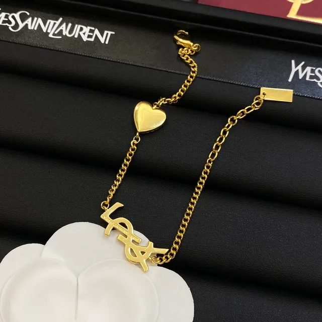 Saint Laurent Monogram Heart Silver Gold Pavé-Set Crystal Interlocking YSL Bracelet 4