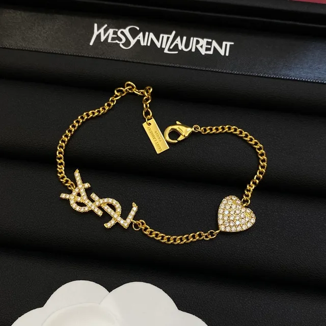 Saint Laurent Monogram Heart Silver Gold Pavé-Set Crystal Interlocking YSL Bracelet 5