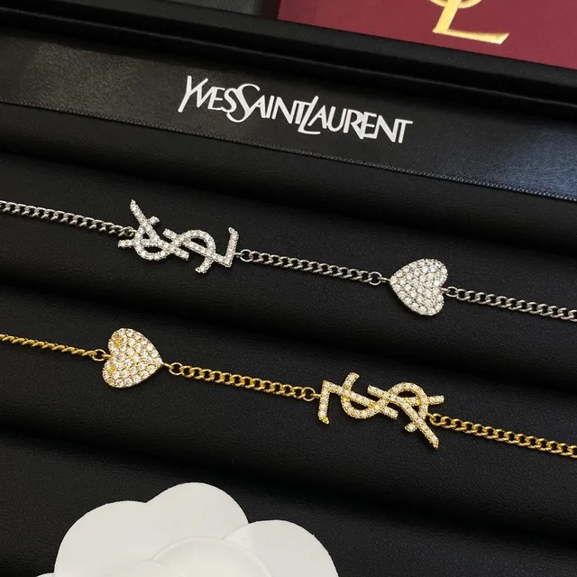 Saint Laurent Monogram Heart Silver Gold Pavé-Set Crystal Interlocking YSL Bracelet 6