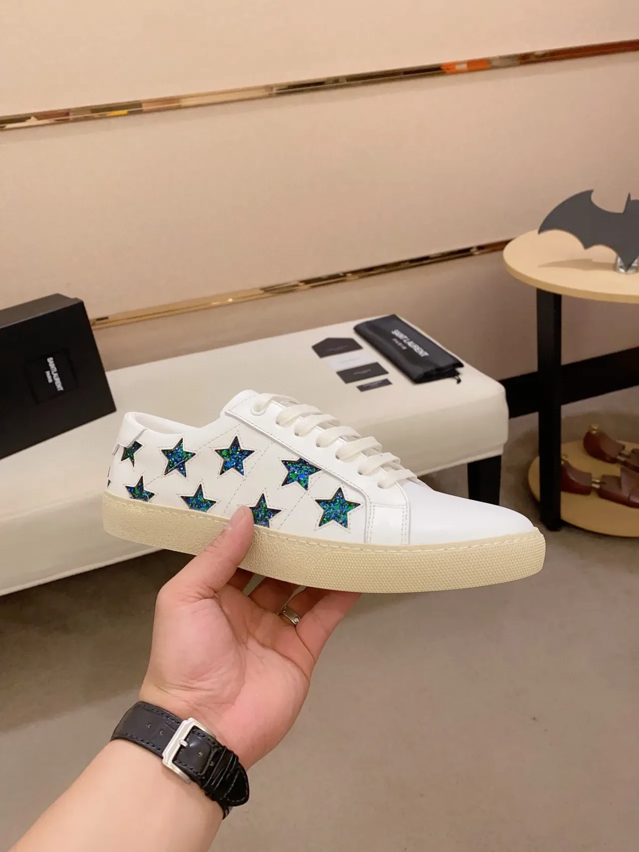 Saint Laurent Opyum 白蓝 皮革 闪光星形 饰片 生活方式运动鞋 6