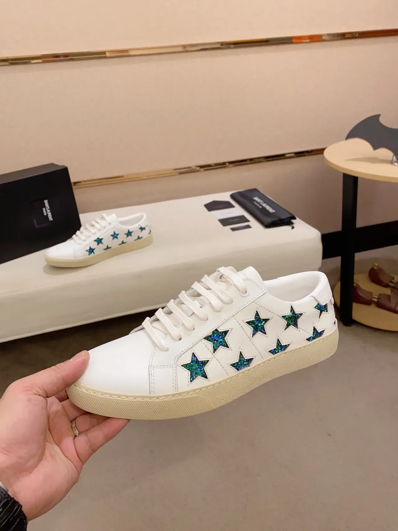 Saint Laurent Opyum 白蓝 皮革 闪光星形 饰片 生活方式运动鞋 7