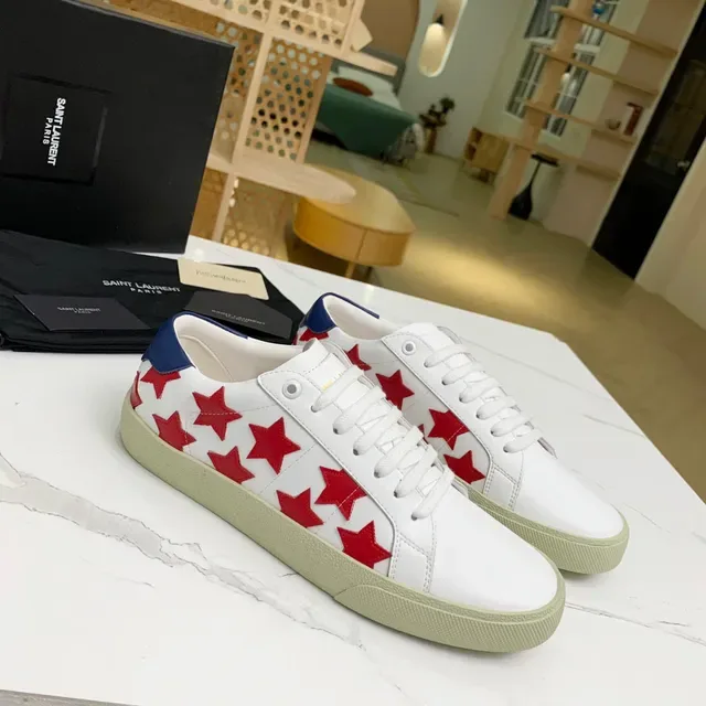 Saint Laurent Branco Vermelho Couro Superior Apliques Estrela Tênis Lifestyle 2