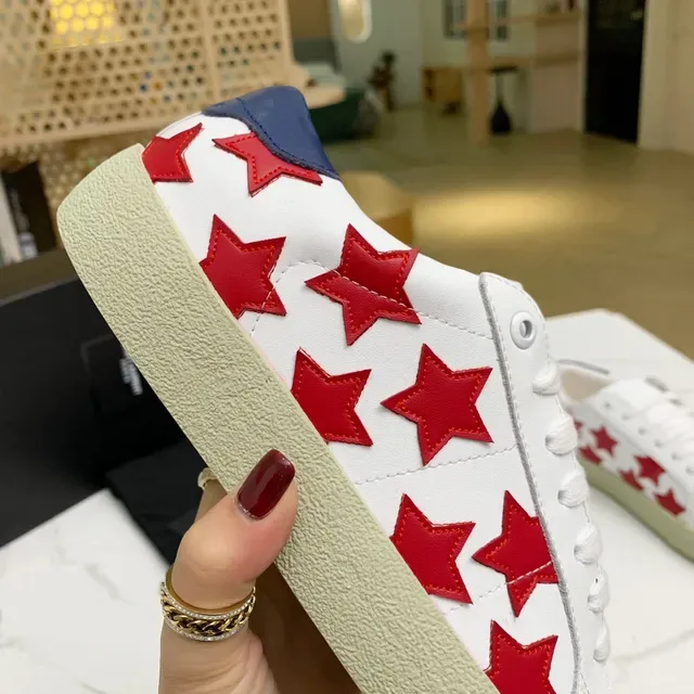 Saint Laurent Branco Vermelho Couro Superior Apliques Estrela Tênis Lifestyle 6