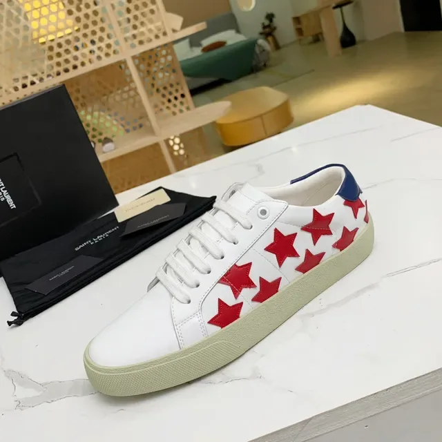Saint Laurent Branco Vermelho Couro Superior Apliques Estrela Tênis Lifestyle 7