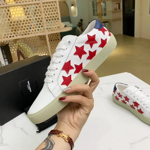 Saint Laurent Branco Vermelho Couro Superior Apliques Estrela Tênis Lifestyle 8