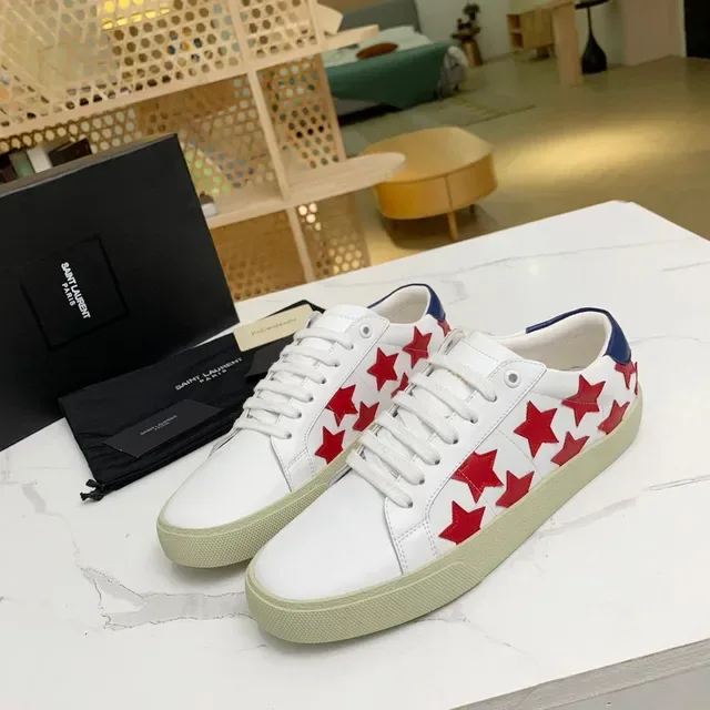 Saint Laurent Branco Vermelho Couro Superior Apliques Estrela Tênis Lifestyle 9