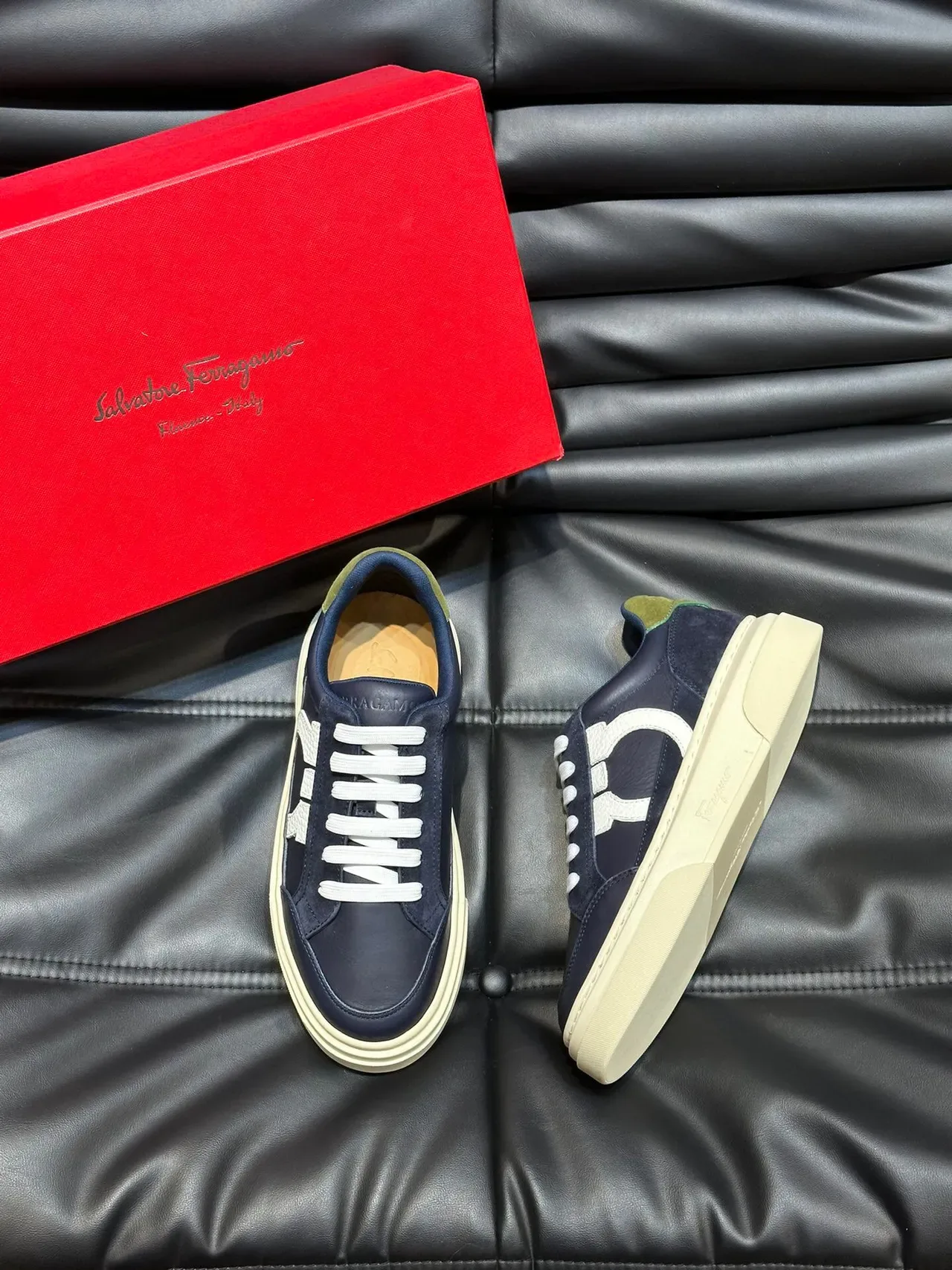 Salvatore Ferragamo Gancini Navy and White Lifestyle Sneakers 2