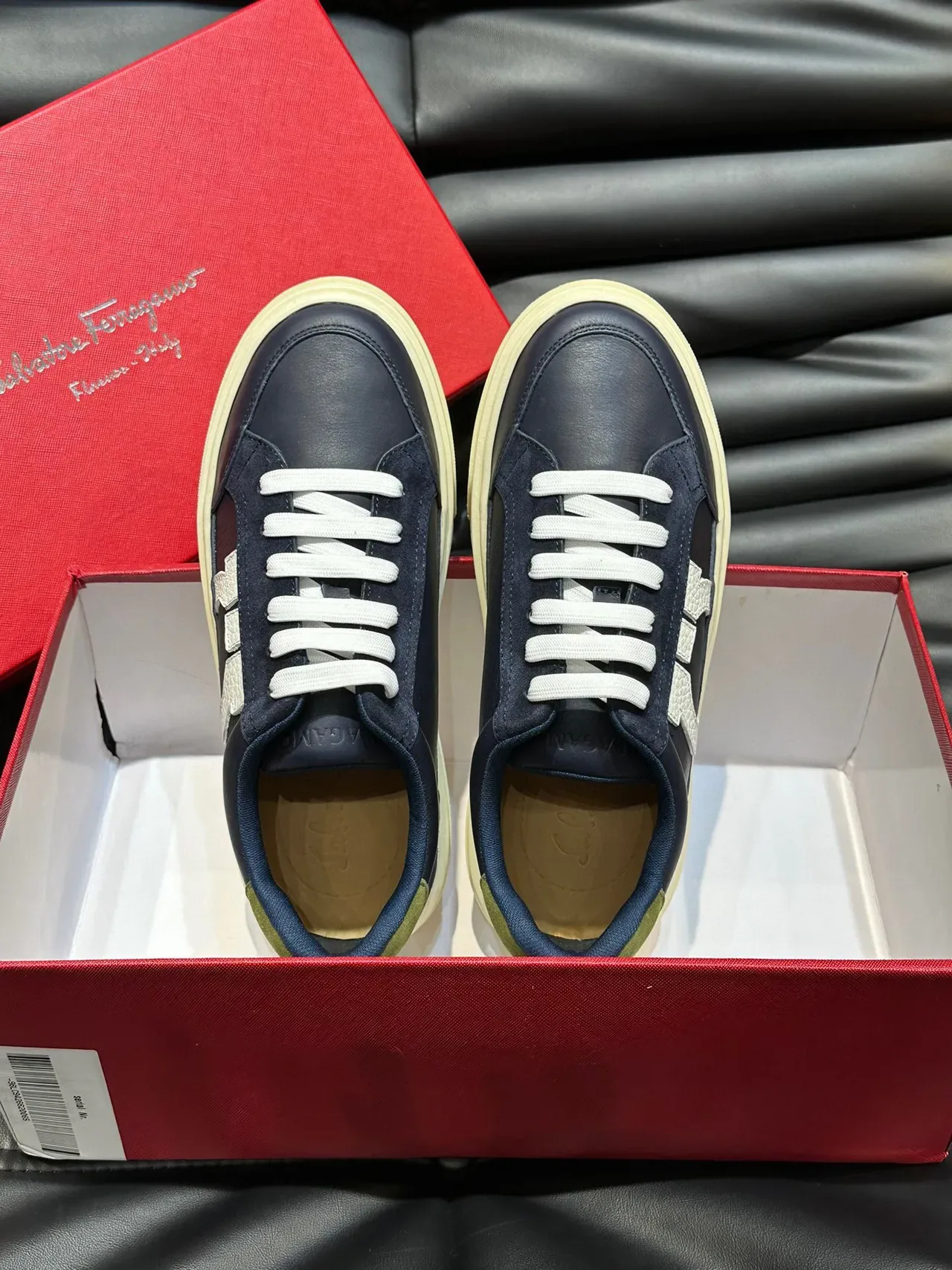 Salvatore Ferragamo Gancini Navy and White Lifestyle Sneakers 4