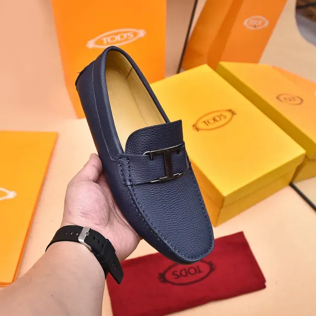 Tod's Double T Loafer Navy Blue Pebbled Leather Loafers 6