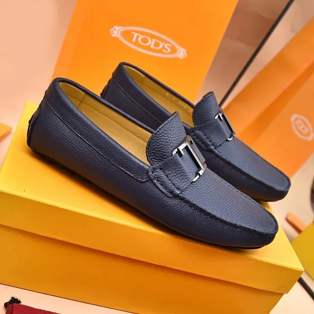 Tod's Double T Loafer Navy Blue Pebbled Leather Loafers 8