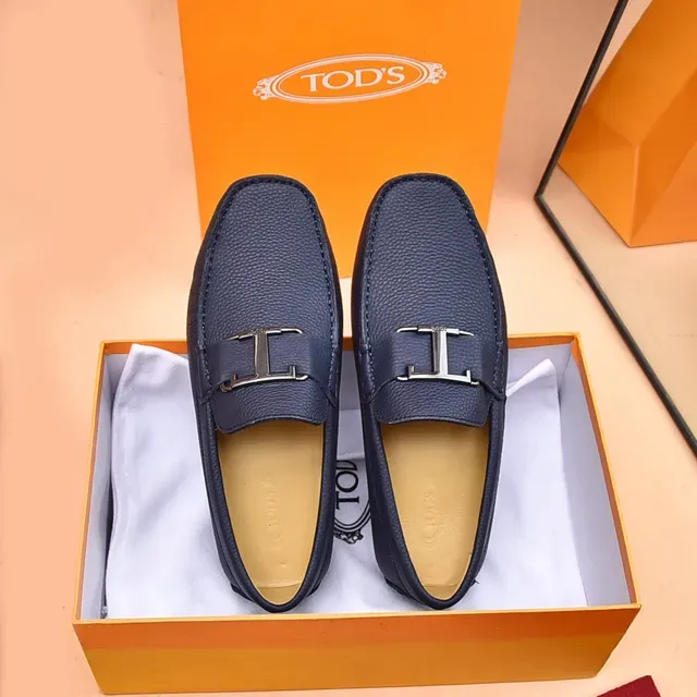 Tod's Double T Loafer Navy Blue Pebbled Leather Loafers 9