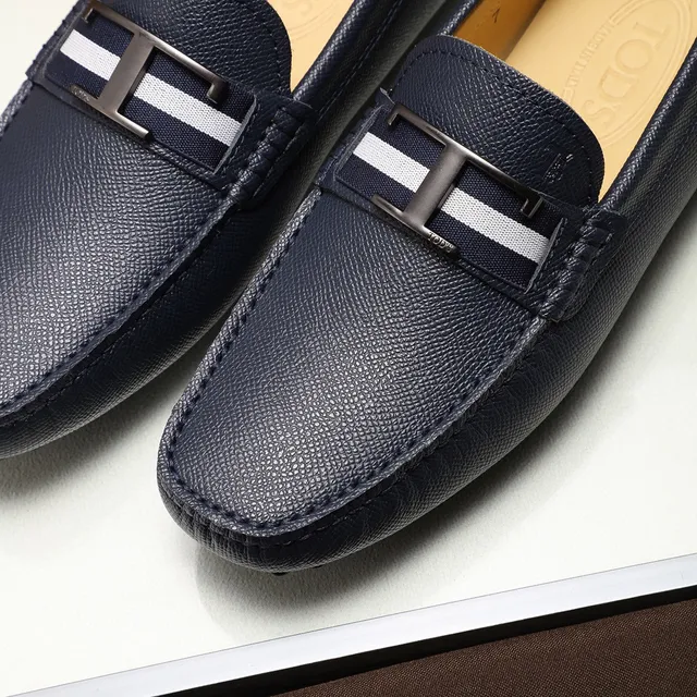 Tod's Gommino Loafer Blanc Marine Cuir Granulé H-Bar Metal Buckle Mocassin 6