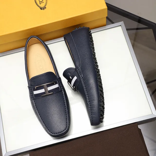 Tod's Gommino Loafer Blanc Marine Cuir Granulé H-Bar Metal Buckle Mocassin 8