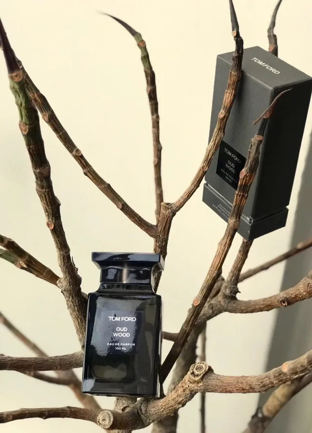 Tom Ford Oud Wood Flacon en verre rectangulaire noir gris étiquette minimaliste parfum 6