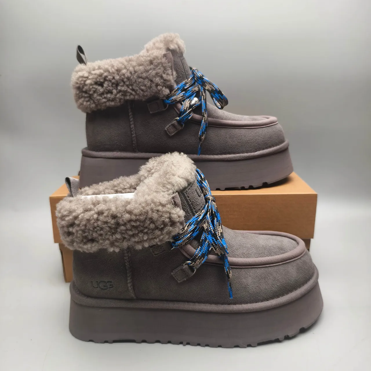 UGG Gray Blue Platform Sole Shearling Cuff Snow Boots 7
