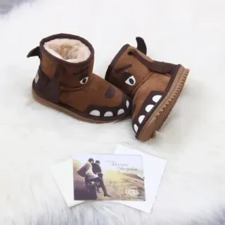 UGG बच्चों के डॉग-फेस शियरलिंग लाइनड भूरी स्नो बूट्स