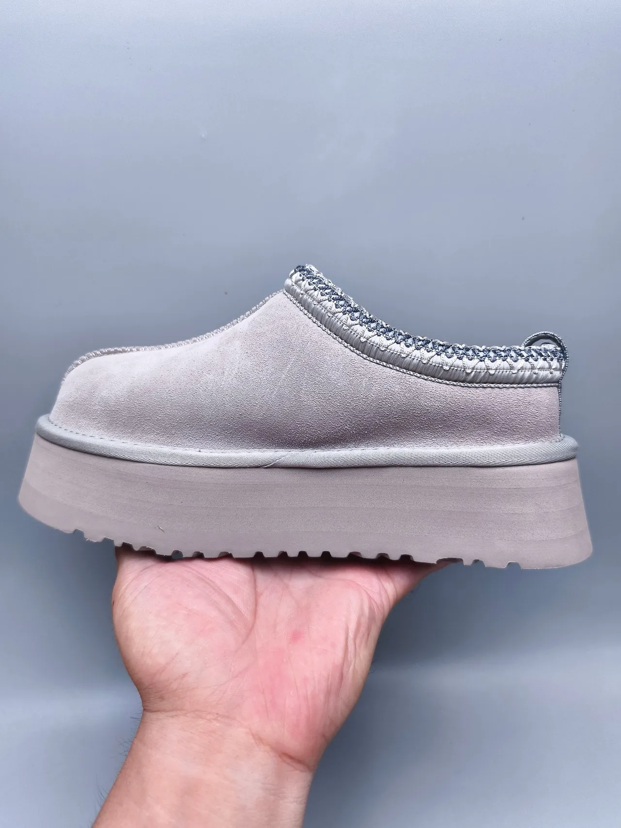 UGG Tasman Gray Beige Platform Sole Braided Collar Trim Casual Shoes 7