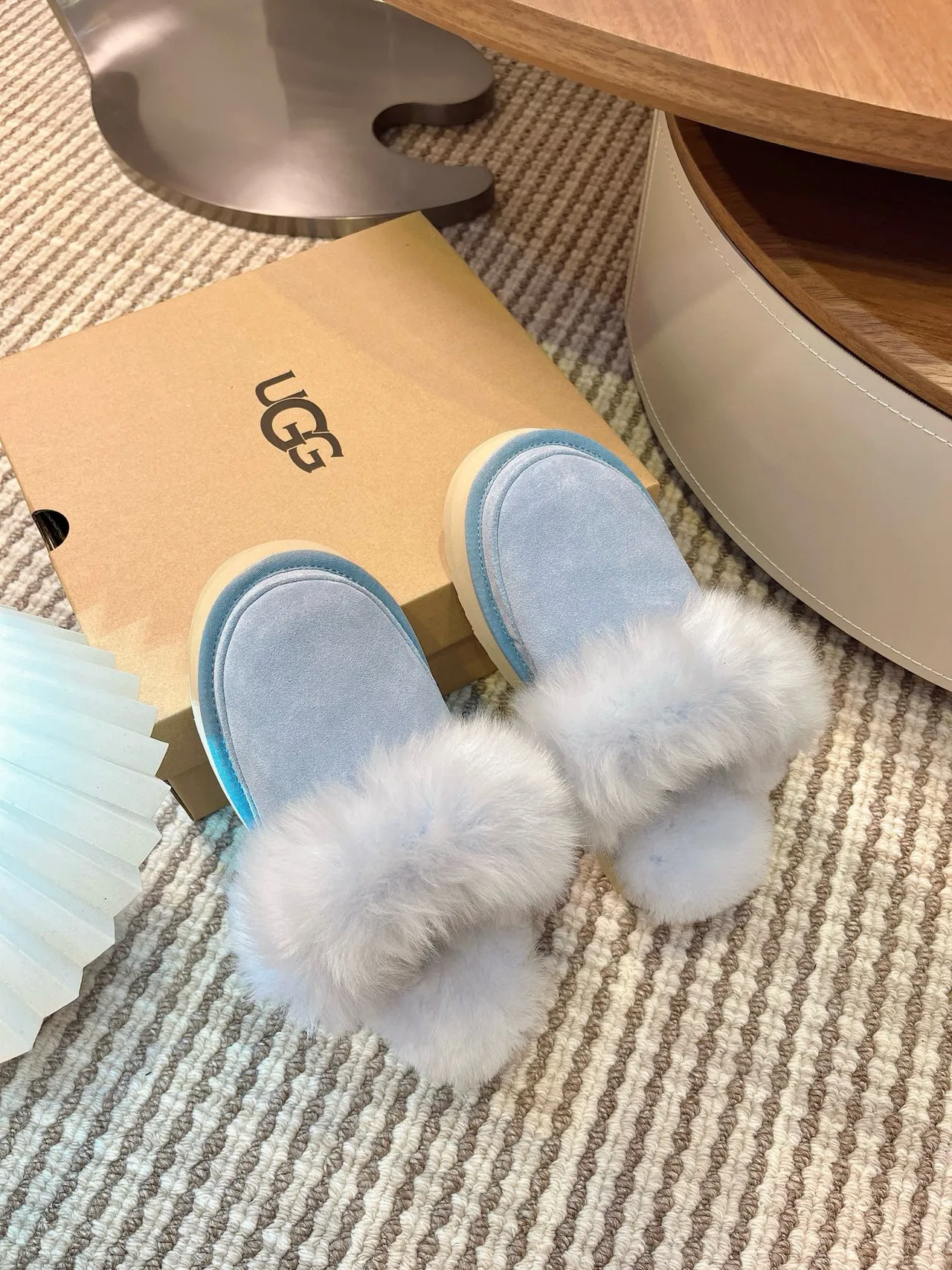 UGG Tasman Light Blue Fur-Trimmed Platform Slippers 3
