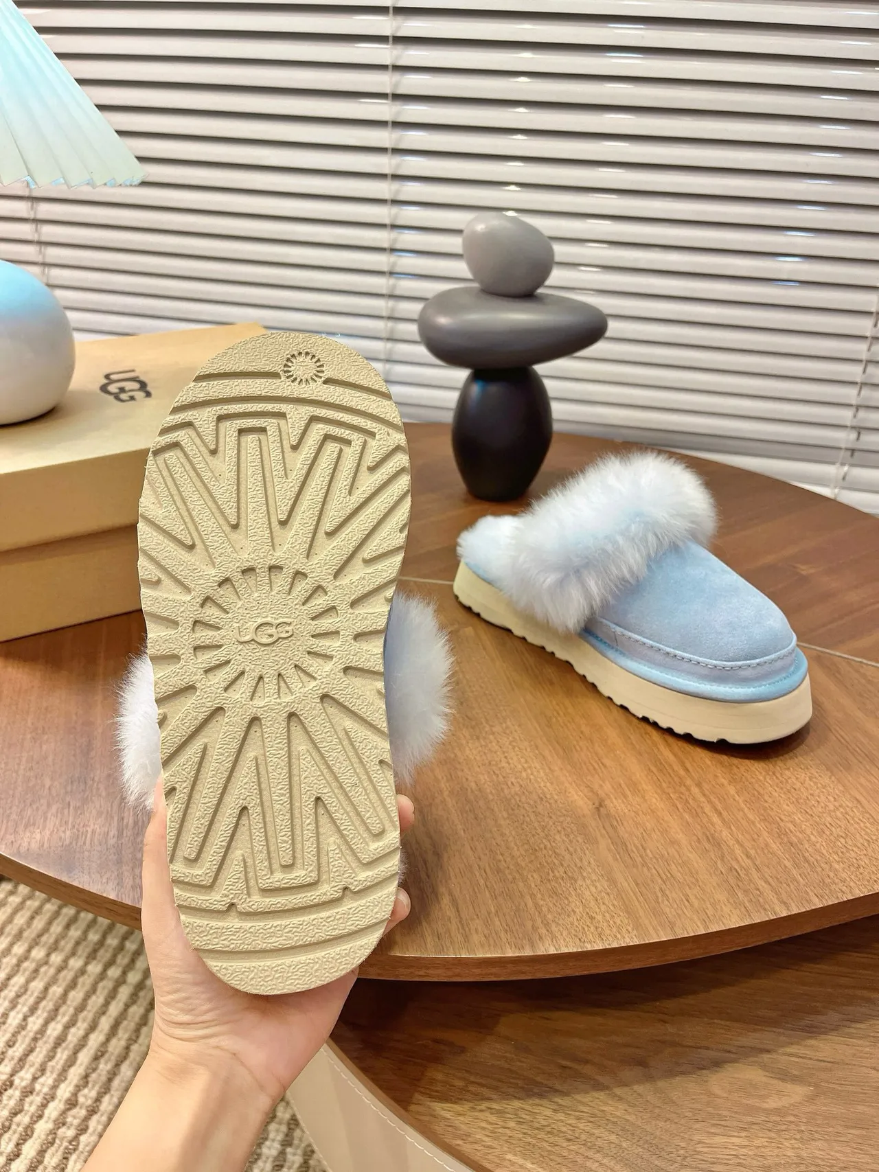 UGG Tasman Light Blue Fur-Trimmed Platform Slippers 8