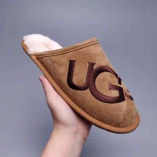 UGG Tasman Tan Suede Shearling-Lined Embroidered Logo Slippers