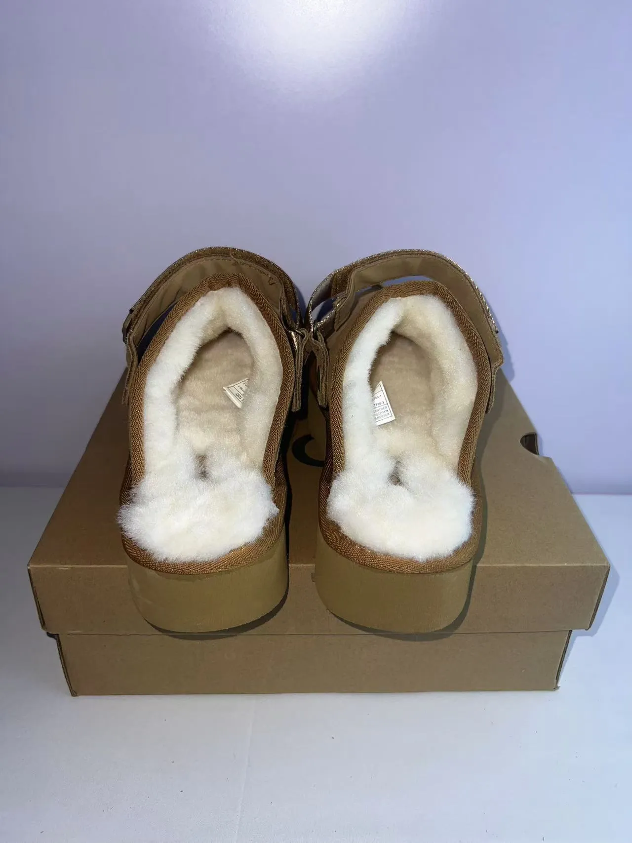 UGG Tasman Tan Suede Shearling-Lined Platform Slippers 4