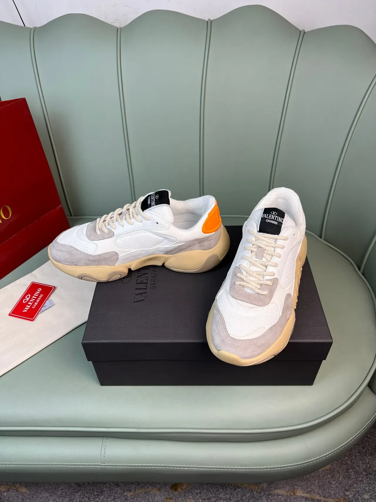 Valentino Beige Semelle Blanche Maille et Daim Chunky Sneakers 9