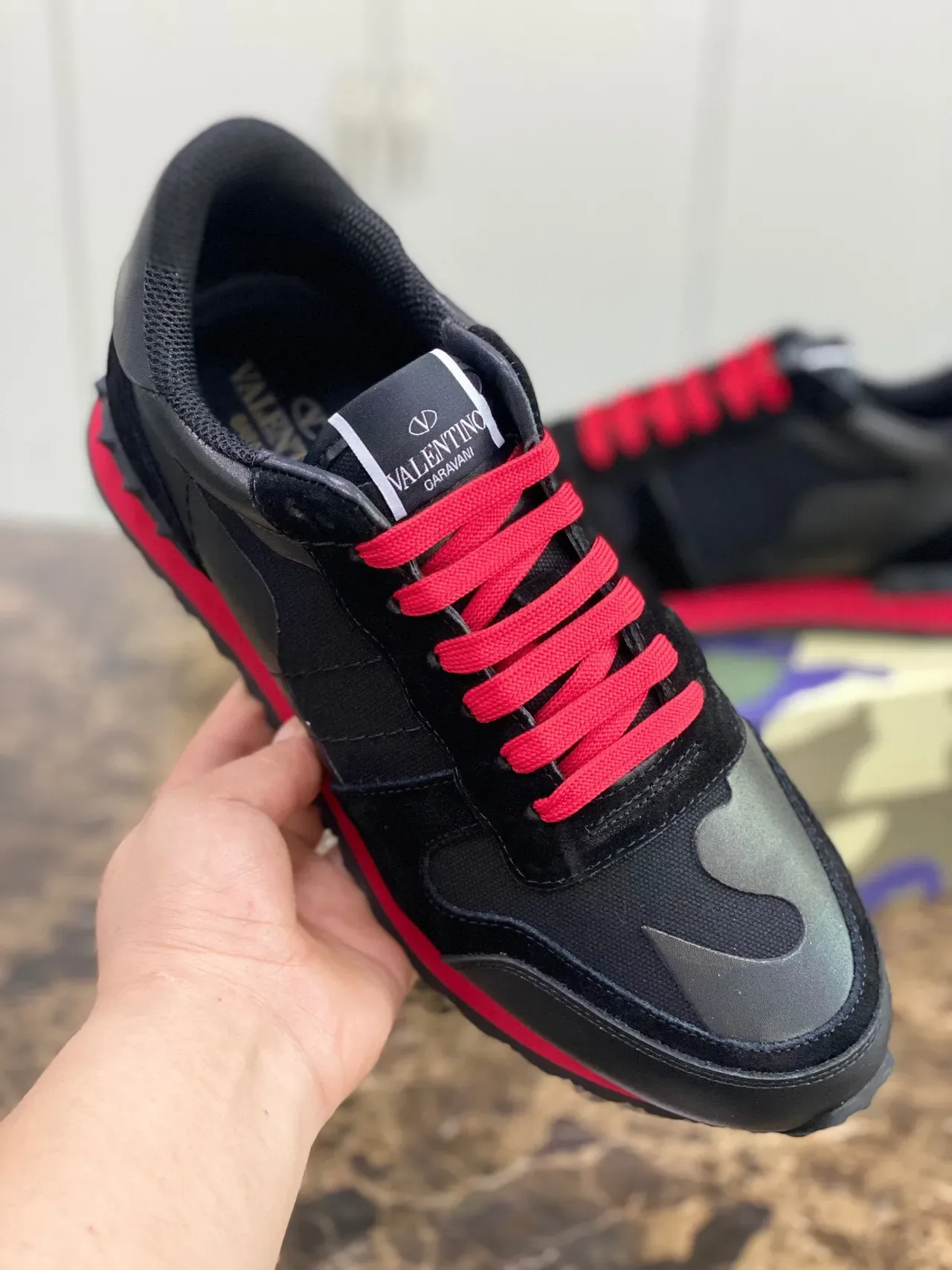 Valentino Black Red Camo-Paneled Mixed-Material Lifestyle Sneakers 2