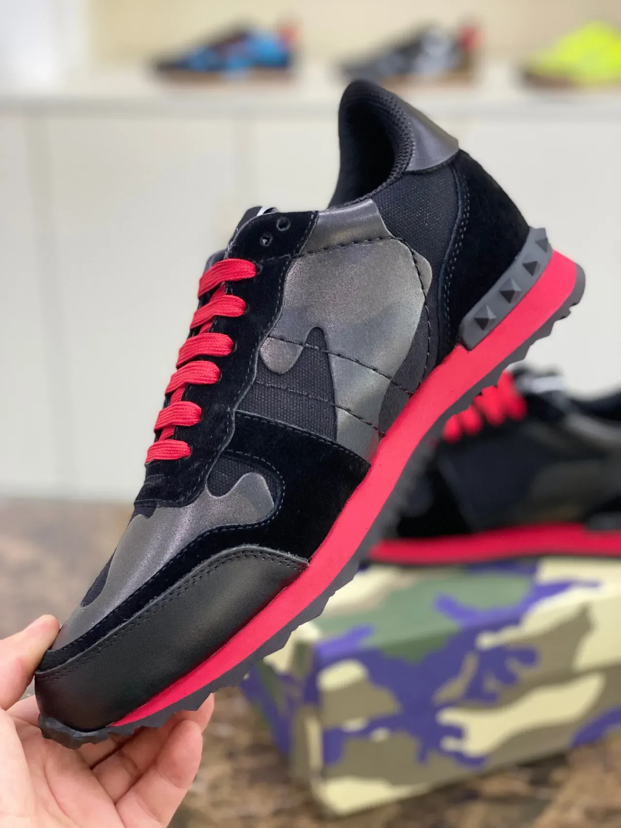Valentino Black Red Camo-Paneled Mixed-Material Lifestyle Sneakers 3