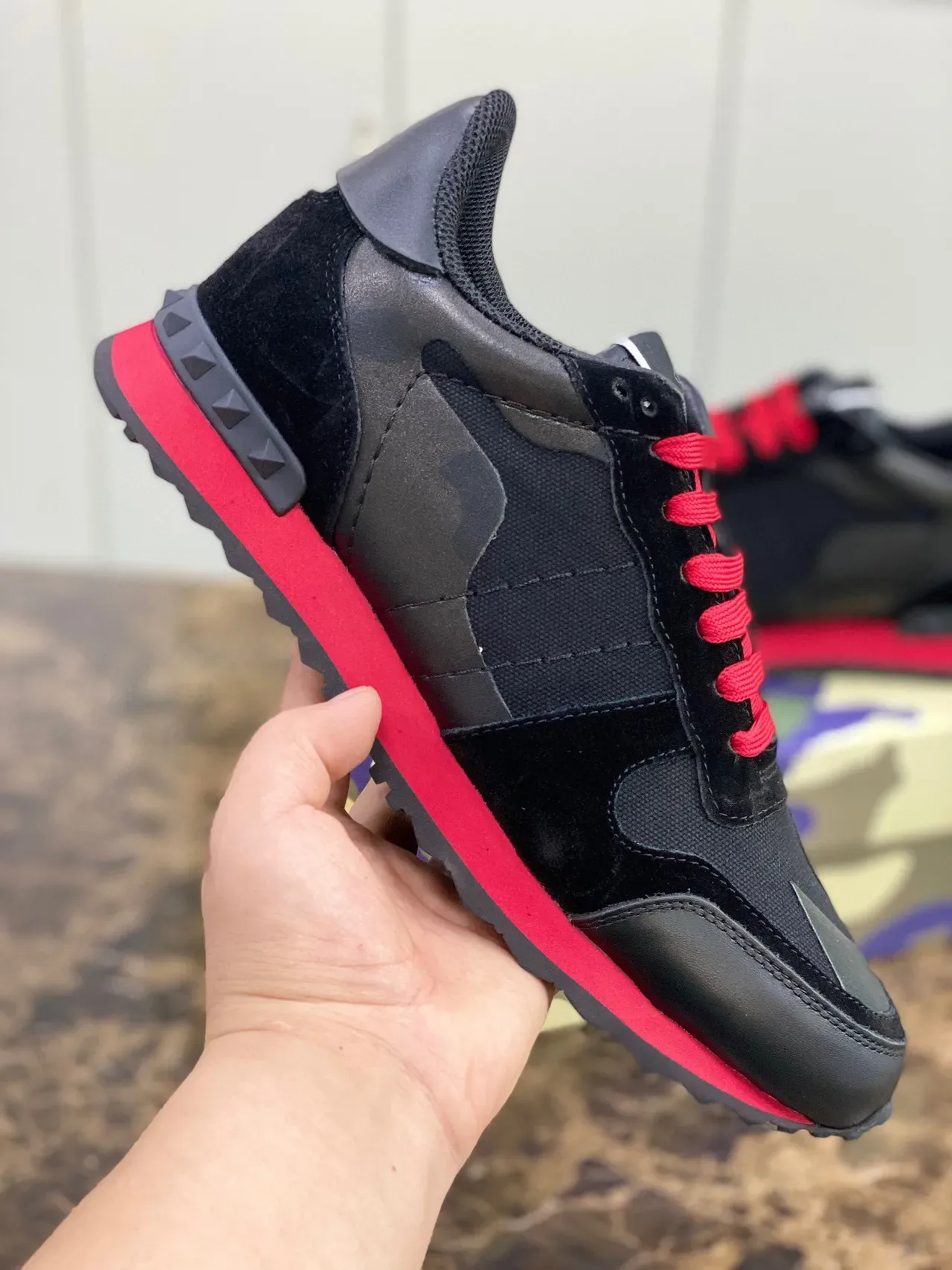 Valentino Black Red Camo-Paneled Mixed-Material Lifestyle Sneakers 4