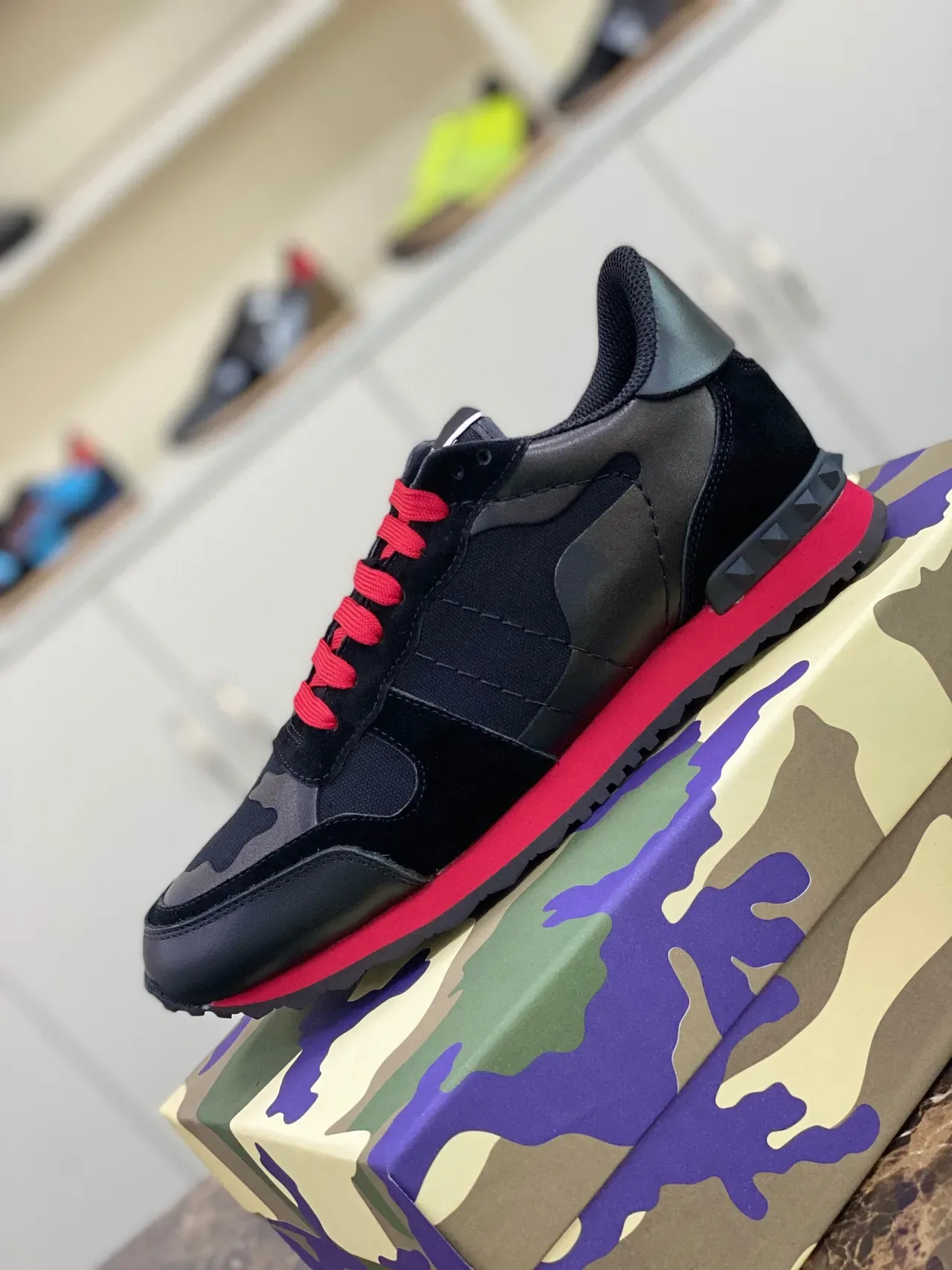 Valentino Black Red Camo-Paneled Mixed-Material Lifestyle Sneakers 5