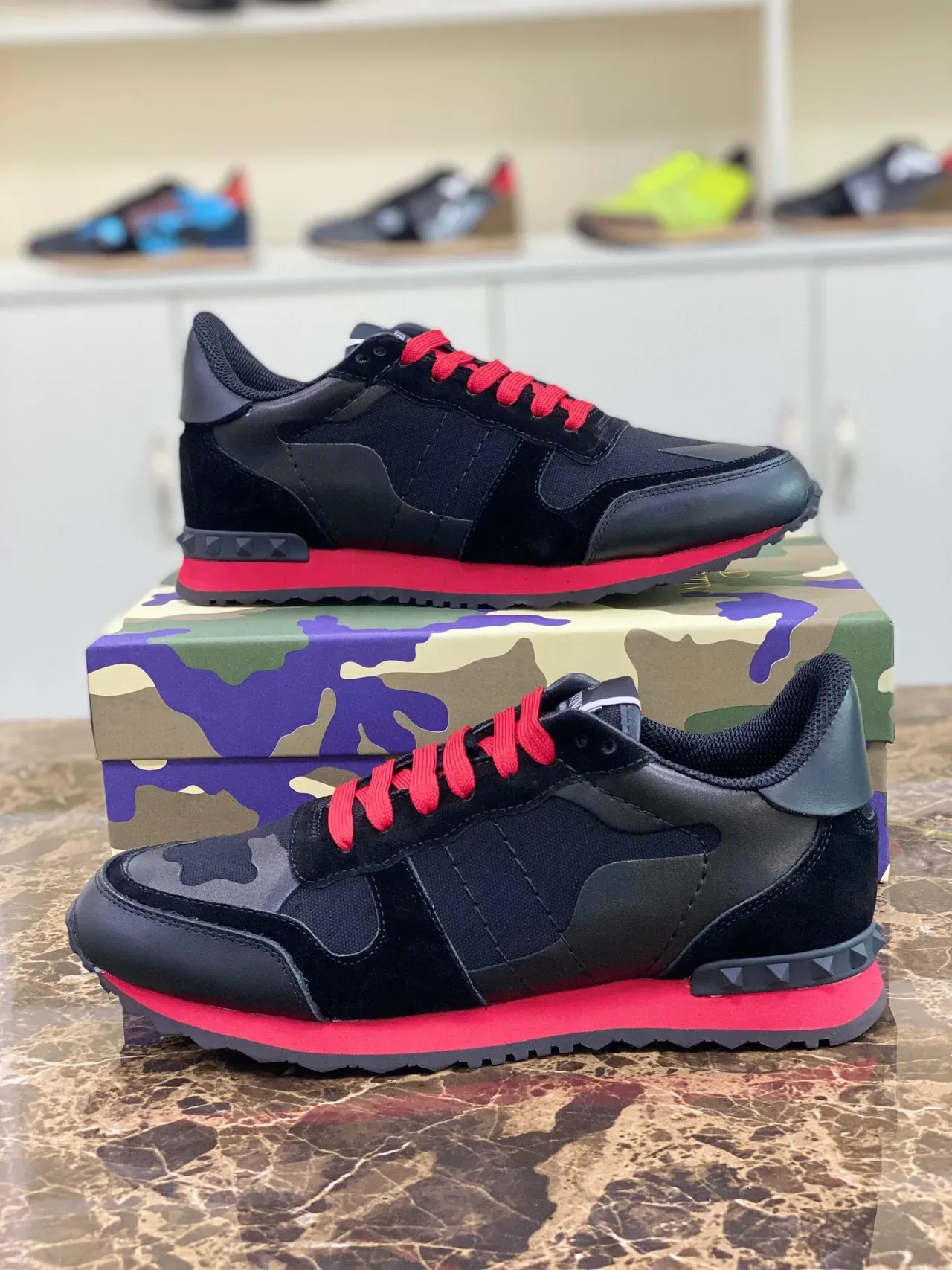 Valentino Black Red Camo-Paneled Mixed-Material Lifestyle Sneakers 6
