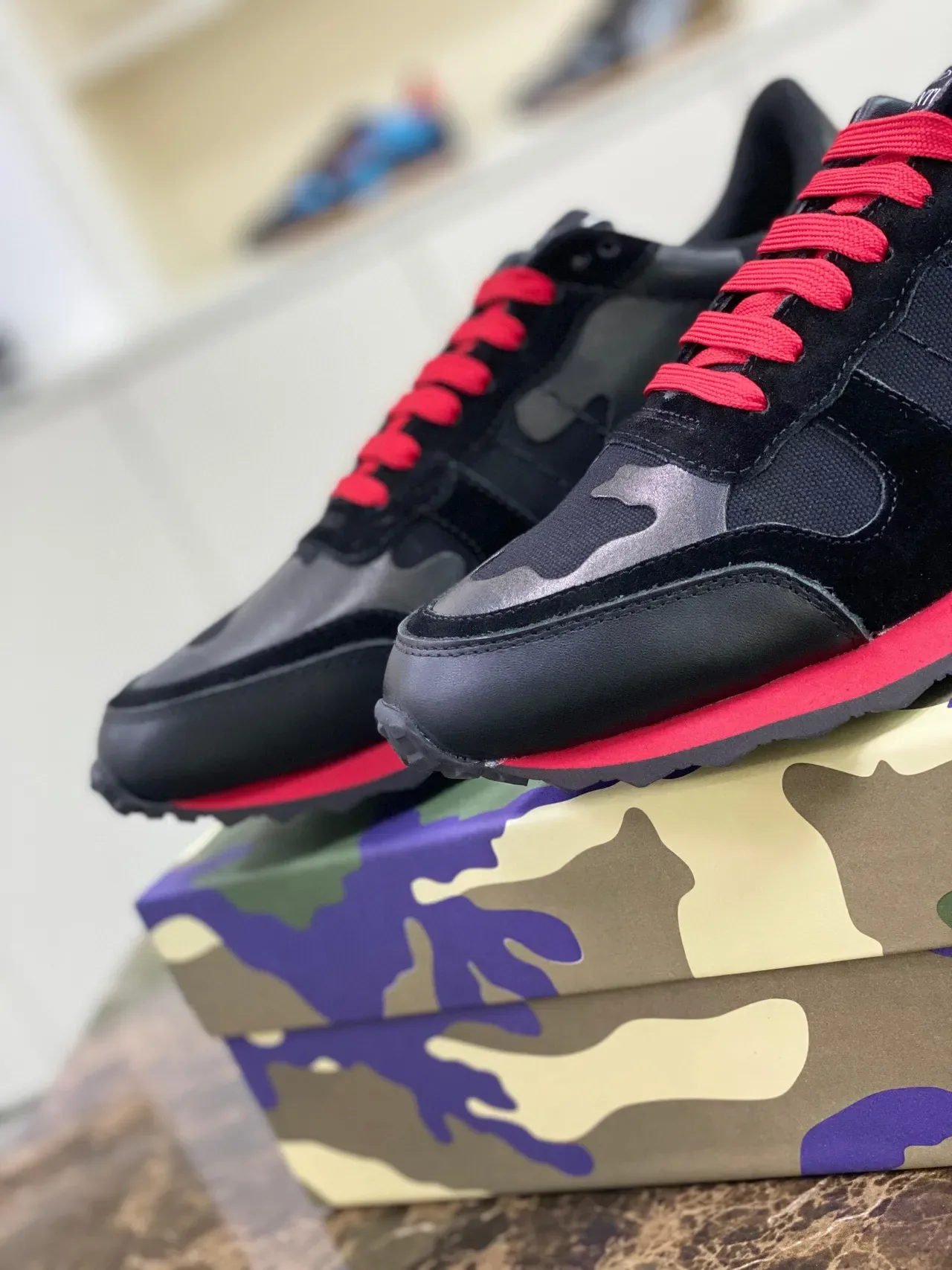 Valentino Black Red Camo-Paneled Mixed-Material Lifestyle Sneakers 7