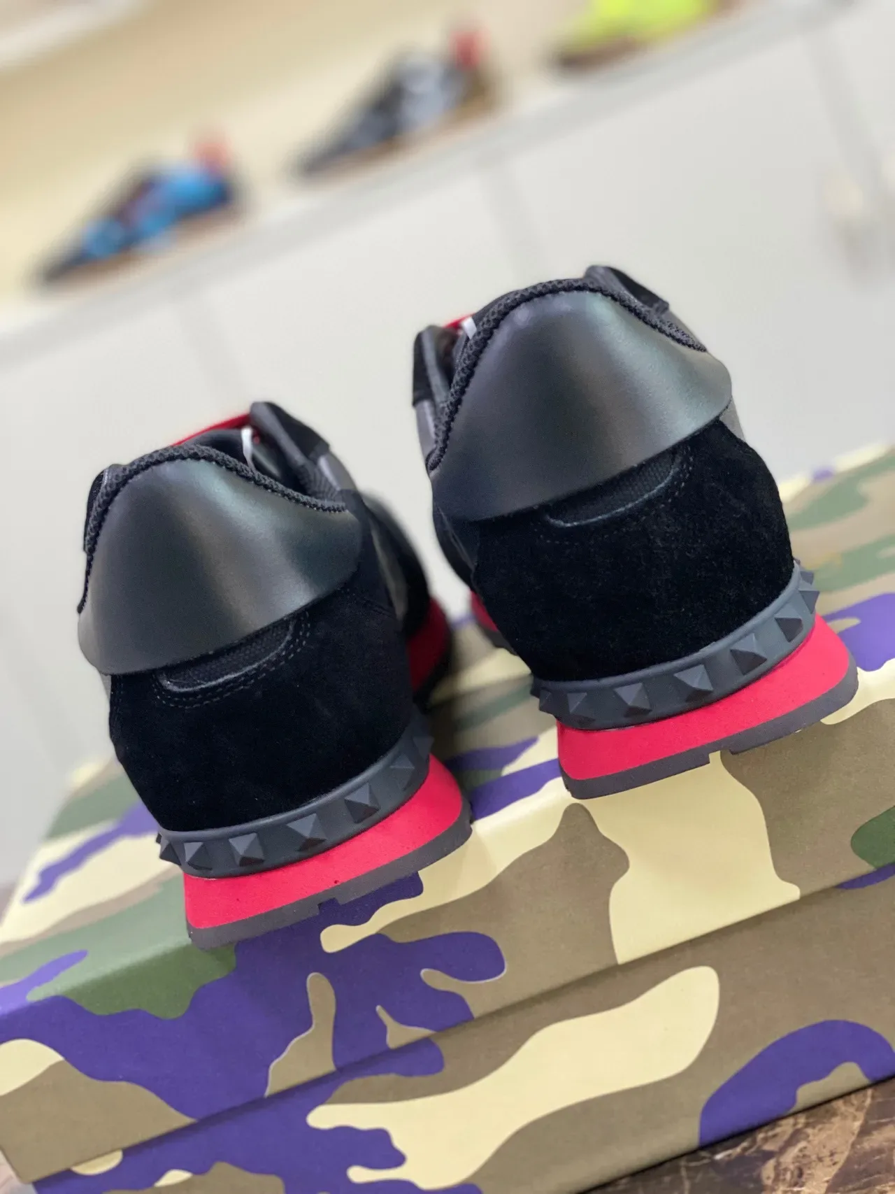 Valentino Black Red Camo-Paneled Mixed-Material Lifestyle Sneakers 8