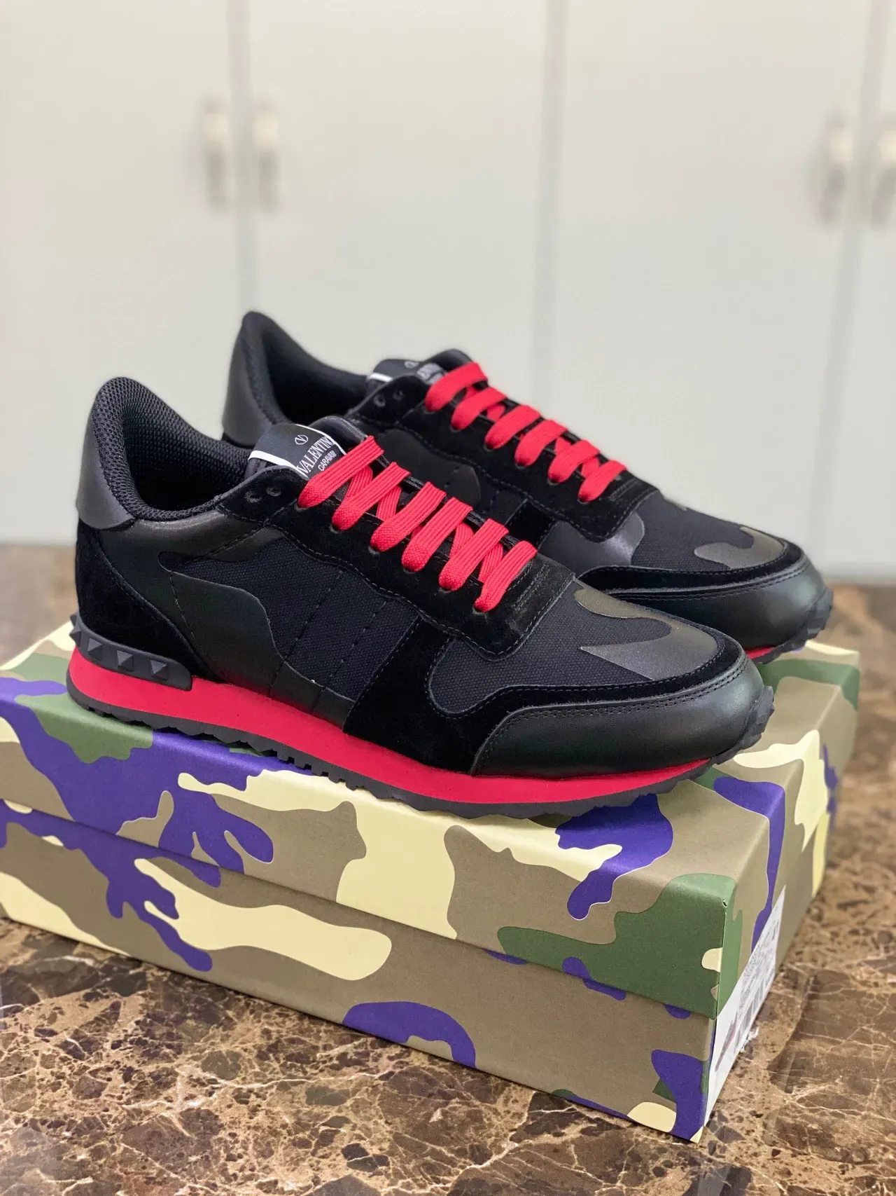 Valentino Black Red Camo-Paneled Mixed-Material Lifestyle Sneakers 9