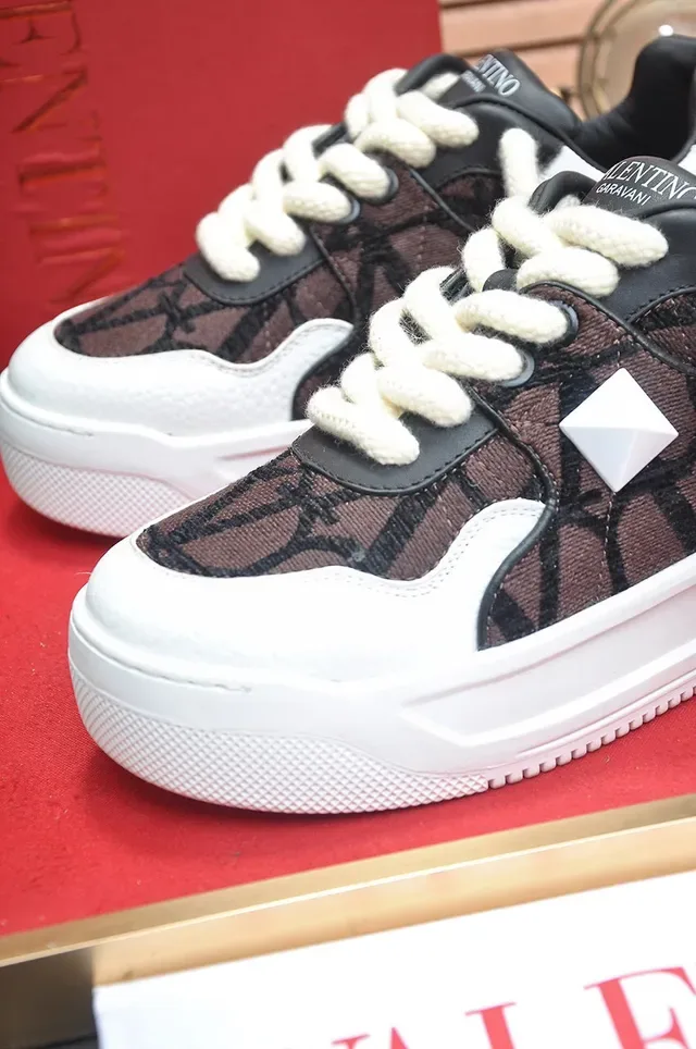 Valentino Brown White Monogrammed Textile Upper Geometric Pyramid Stud Chunky Sneakers 2