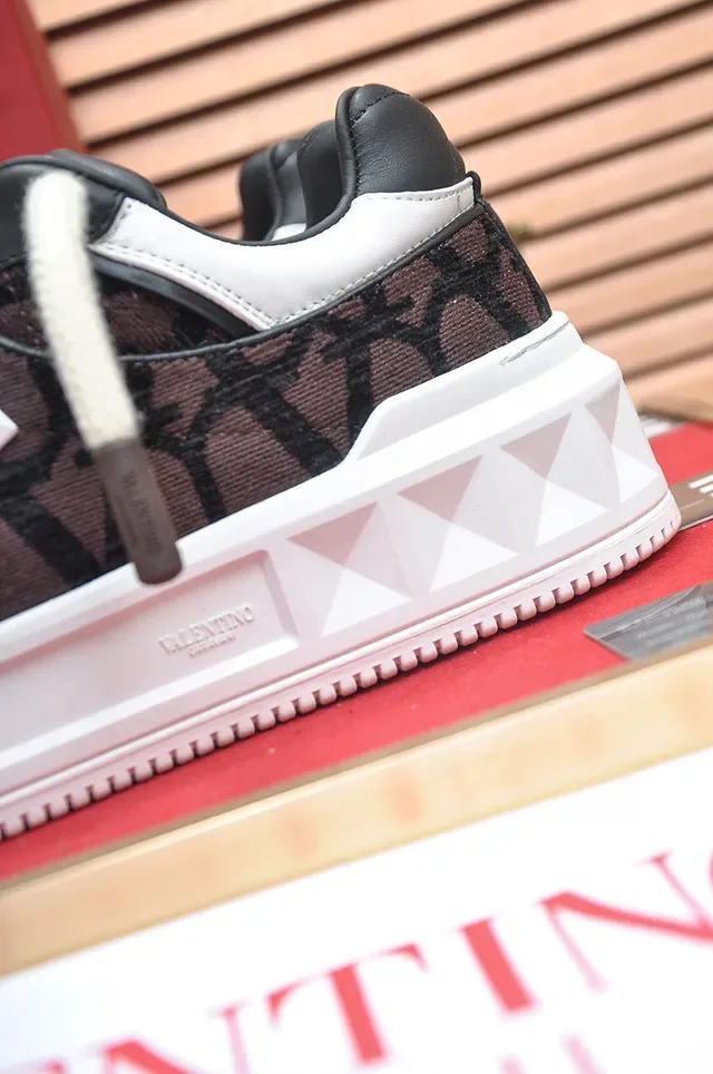 Valentino Brown White Monogrammed Textile Upper Geometric Pyramid Stud Chunky Sneakers 3