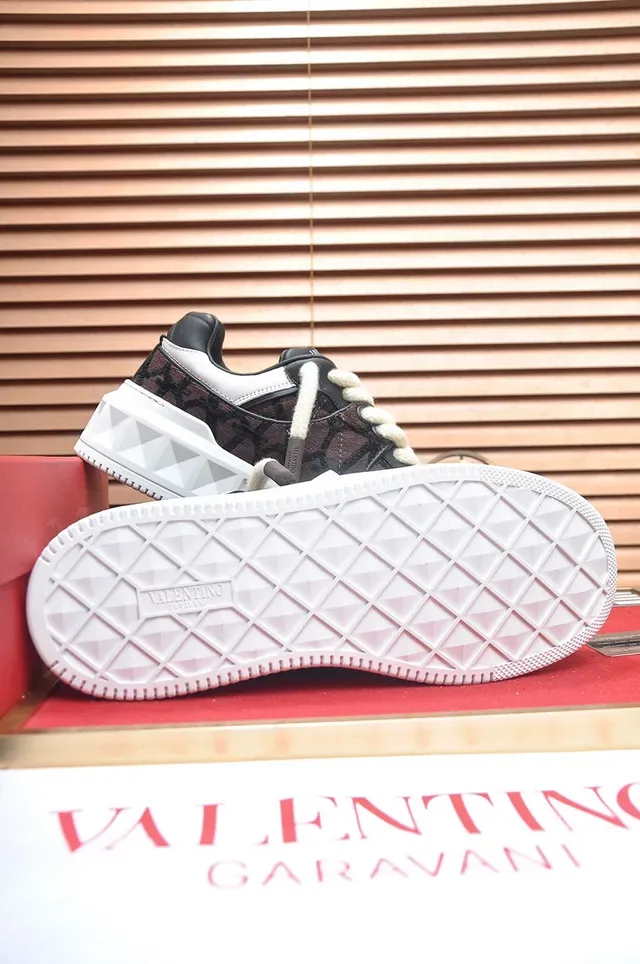Valentino Brown White Monogrammed Textile Upper Geometric Pyramid Stud Chunky Sneakers 4
