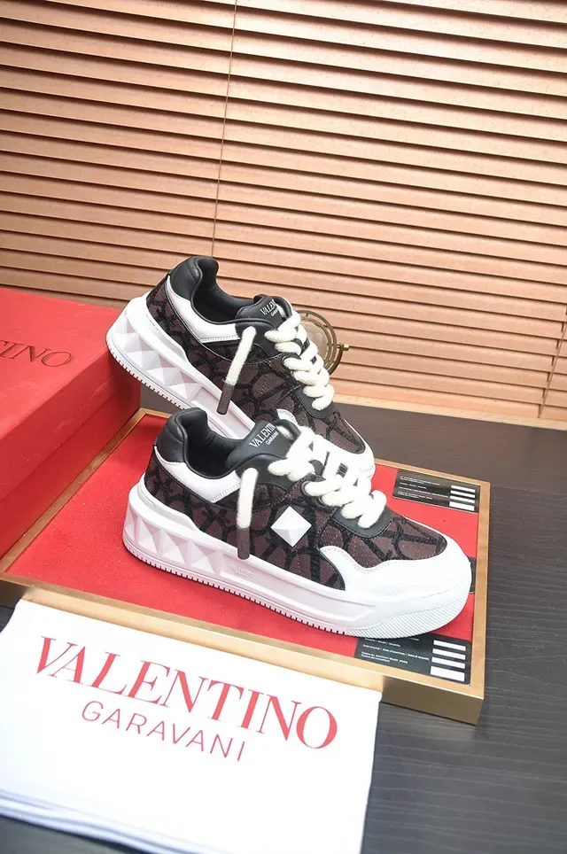 Valentino Brown White Monogrammed Textile Upper Geometric Pyramid Stud Chunky Sneakers 5