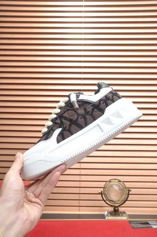 Valentino Brown White Monogrammed Textile Upper Geometric Pyramid Stud Chunky Sneakers 6